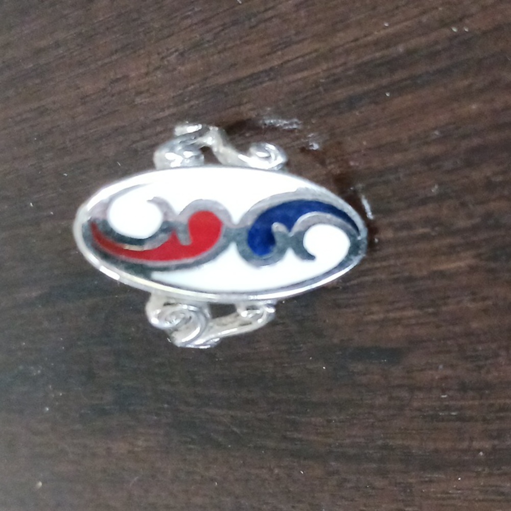 Ring Oval Shape Silver & Enamel Red Blue and White (size 5 and 1/2)